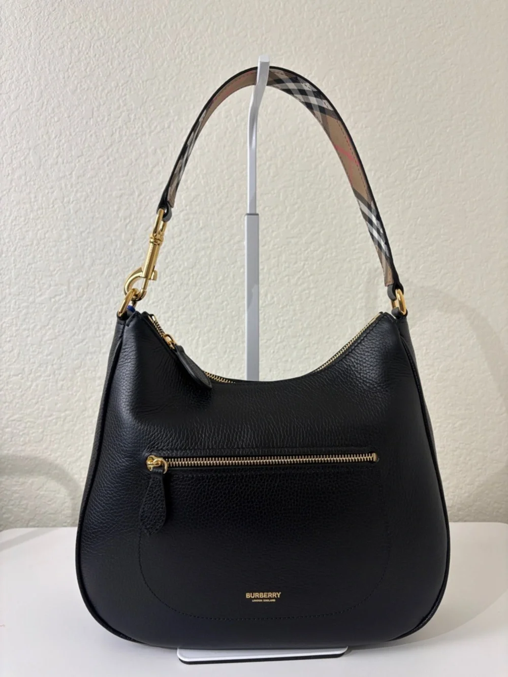 Burberry Black Pebbled Leather Hobo Shoulder Bag Medium